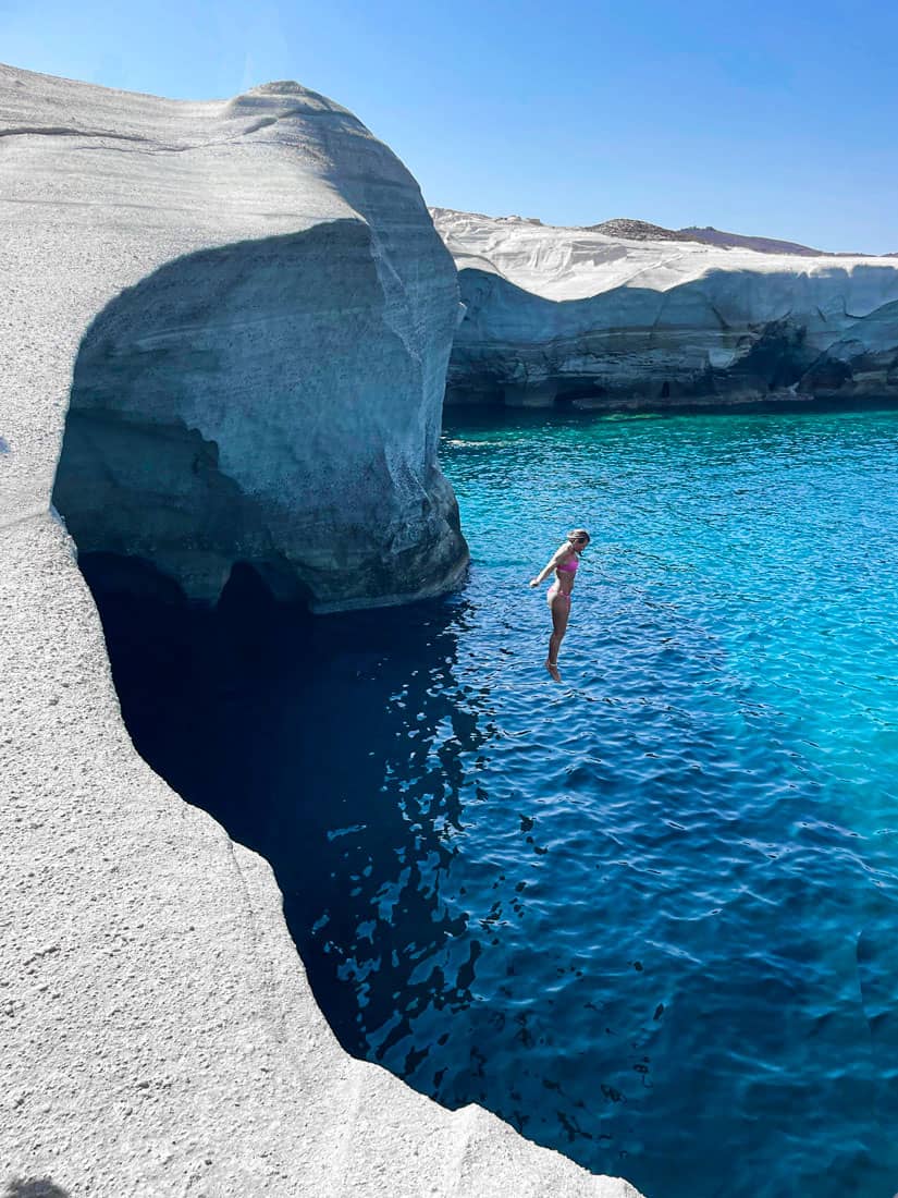 Girl Cliff Jumping at Sarakiniko Beach