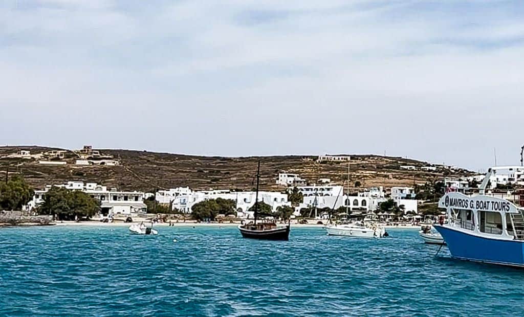 A view of Ammos Beach from the water in the harbor.
